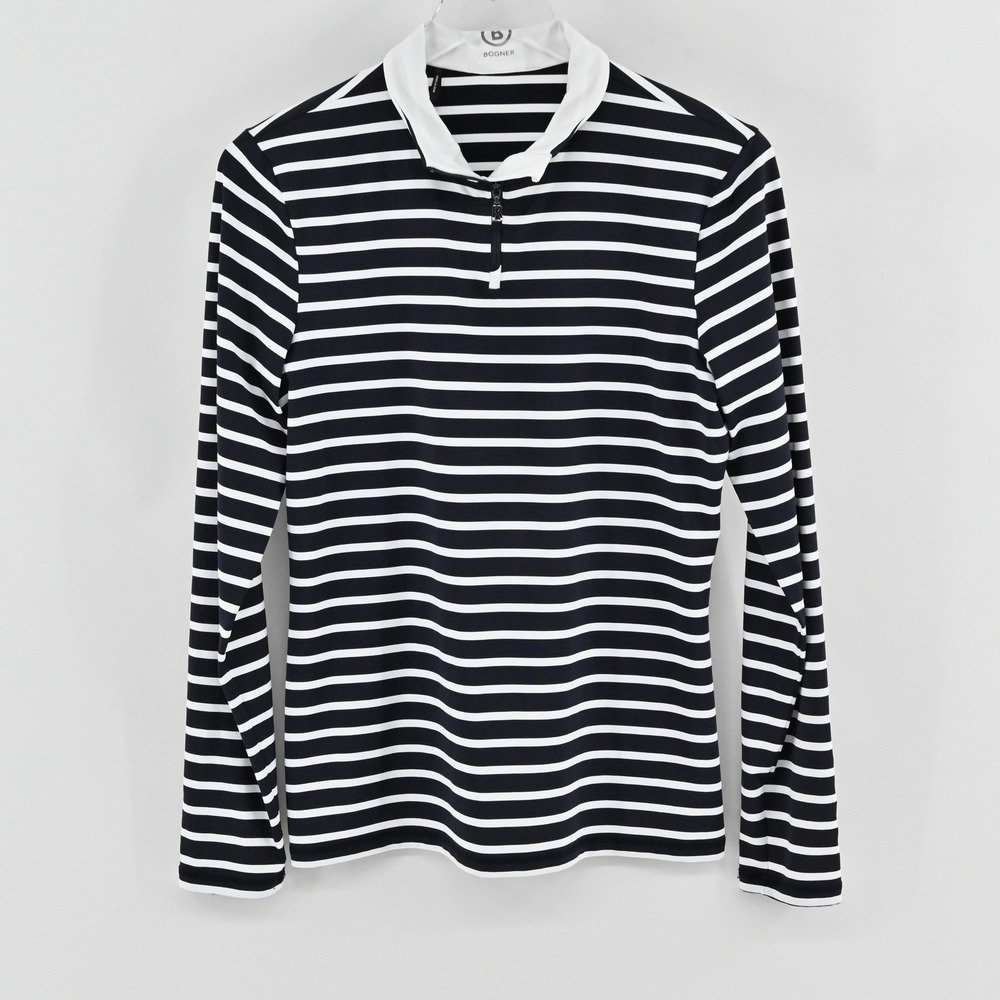 Bogner Striped Quarter Zip Polo Top Womens Size‎ 10 L Navy White Golf Athletic
